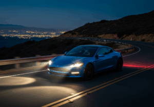 A car driving on a winding road at night, illuminated by bright LED headlights for enhanced visibility and safety.